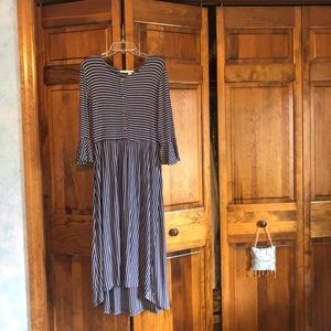 Lightweight soft jersey blue strip dress. Longer in back. Buttons don’t open.